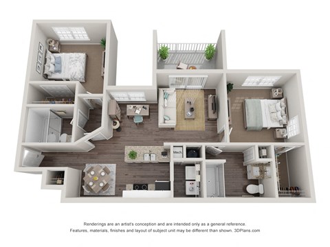 Floor plan for 2 beds, 2 baths, 1066 sqft